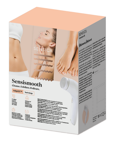 Sensismooth cleansing and exfoliating device packaging box, featuring a peach and white design with images of a woman's face, torso, and feet, and product details printed on the front and side.