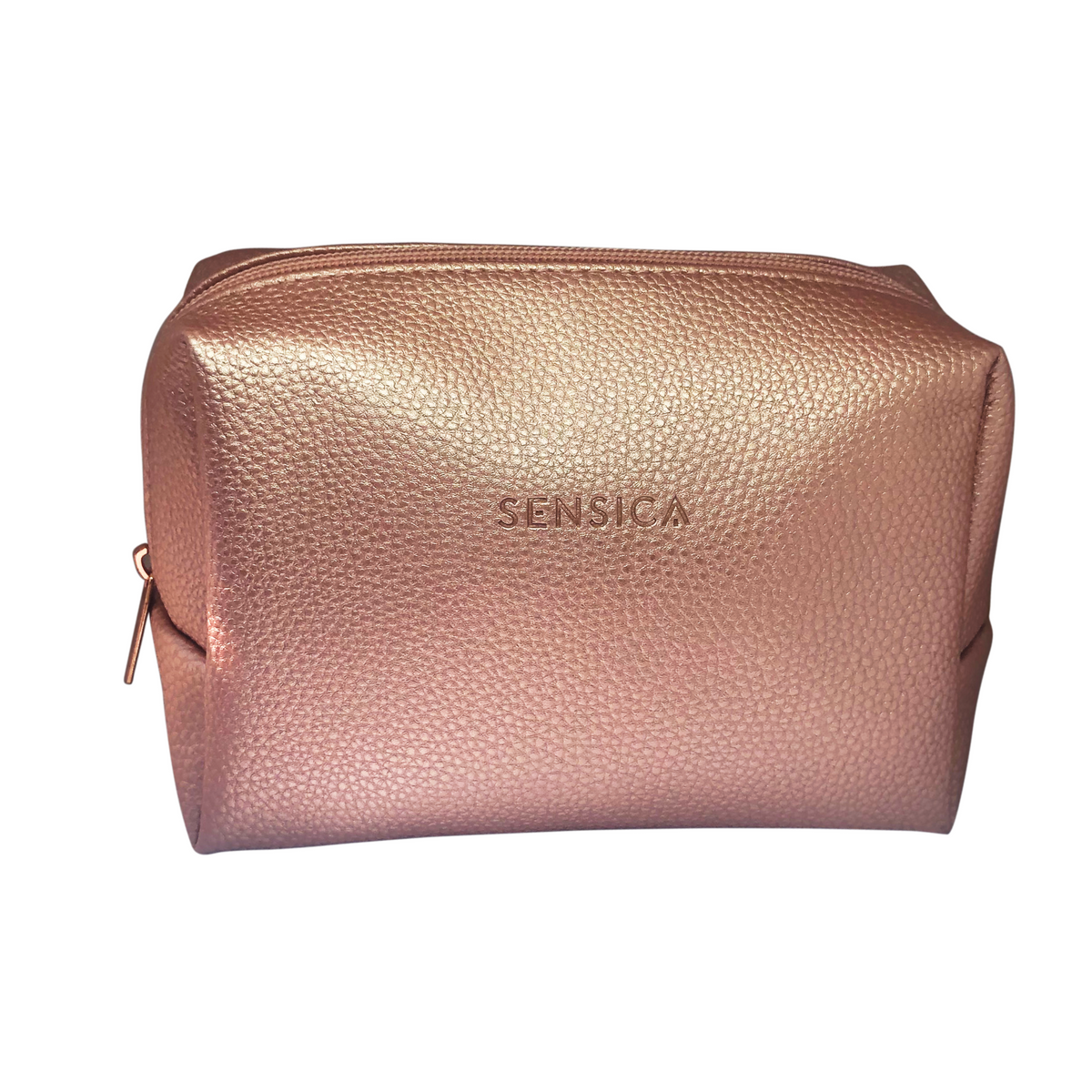 Rose gold cosmetic bag with 'Sensica' branding on a white background